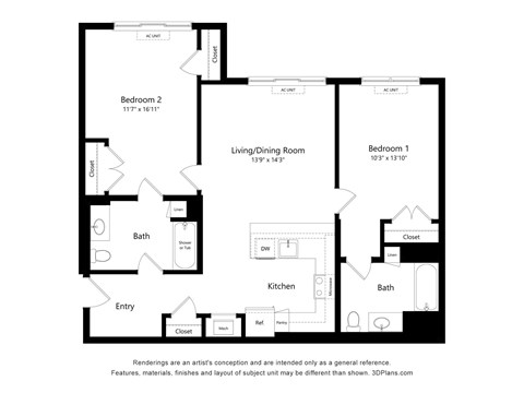 Floor plan for 2 beds, 2 baths, 973 sqft